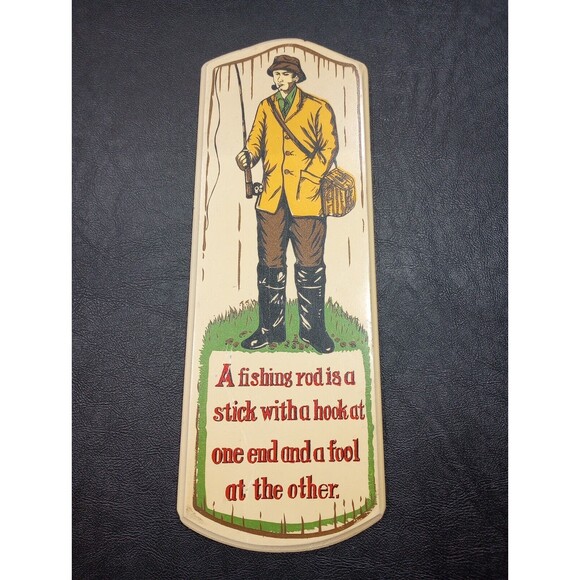 Vintage  1950s V.G. Hand Painted Wood Fisherman Fishing Sign Made in Japan - Picture 1 of 4